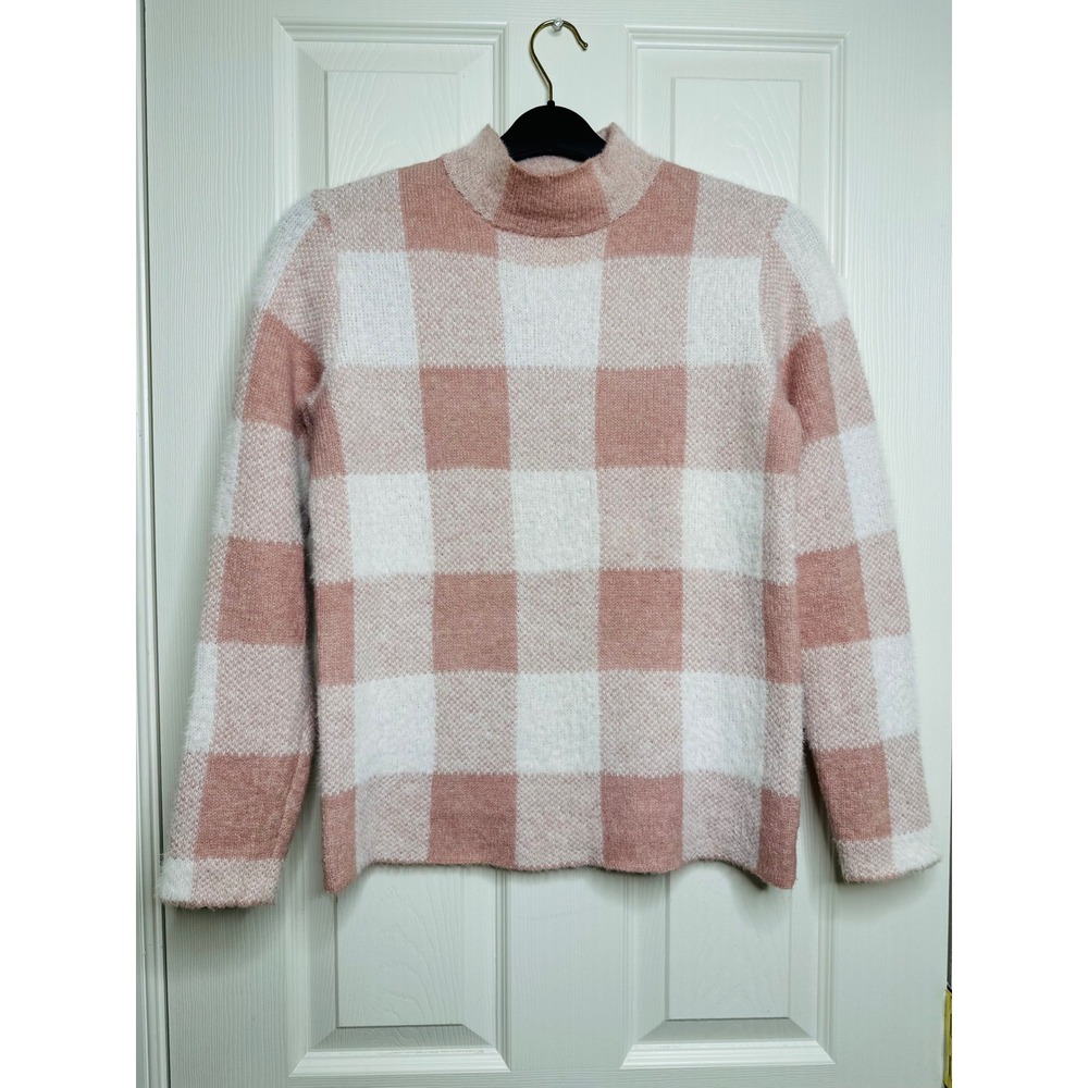 89th + Madison Womens Pink Plaid Mock Neck Fuzzy Knit Sweater Small - Picture 9 of 9